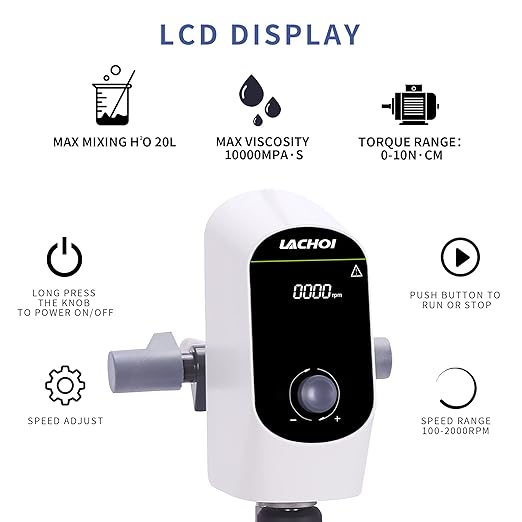 Electric Overhead Stirrer Mixer 100-2000RPM Max.20L(H₂O) LCD Display Digital Overhead Stirrer Mixer 10000mPas Powerful Lab Stirrers Mixer with Stirring Rod and Stand(Max.20L H₂O)