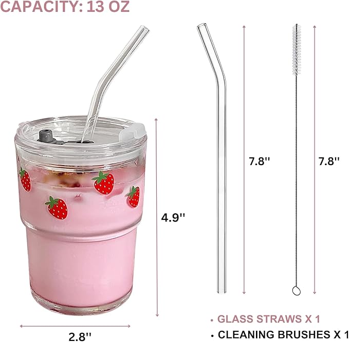Olvini 13oz Glass Tumbler with Straw and Lid, Reusable Iced Coffee Cup Tumbler, Cute Glass Cups for Water, Matcha, Travel Coffee Mugs (Strawberry - 13oz)