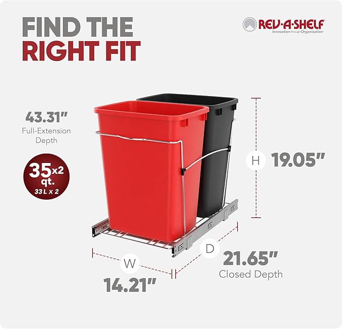 Rev-A-Shelf RV-18KD-1618C-S Double Pullout Trash Can for Kitchen Cabinets 35 Qt Garbage Recycling Bin on Full Extension Slides, Red/Black