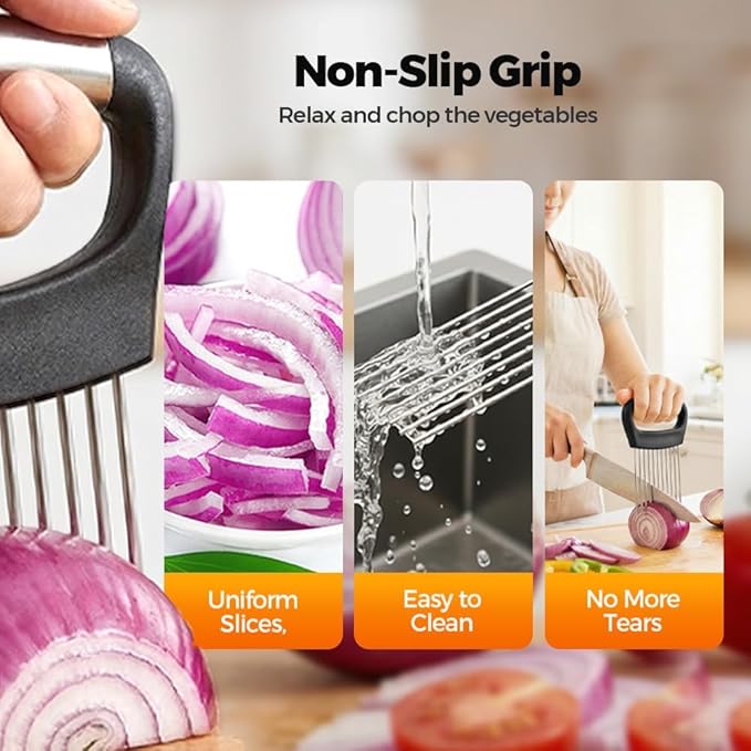 Onion Holder for Slicing, 2026 New Stainless Steel Onion Slicer Vegetable Chopper,Cutter for Meat, Onion, Potato, Tomato,Fruit,Food Slicer Assistant Tool,kitchen gadgets (Green 1PC)