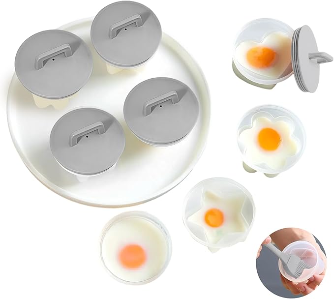 Egg Poacher Cups, 4 Pcs Poached Egg Cooker with Lid and Oil Brush Egg Coddler 4 Shapes Reusable Egg Molds, BPA Free Nonstick Egg Poaching Cups for Boiled Eggs Without Shell, Gray