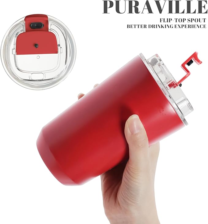 Puraville Insulated Tumblers with Lid, 14 oz Travel Coffee Mug Stainless Steel Vacuum Cup, Leak Proof Reusable Double Walled Coffee Tumbler for Iced and Hot Drinks, Red