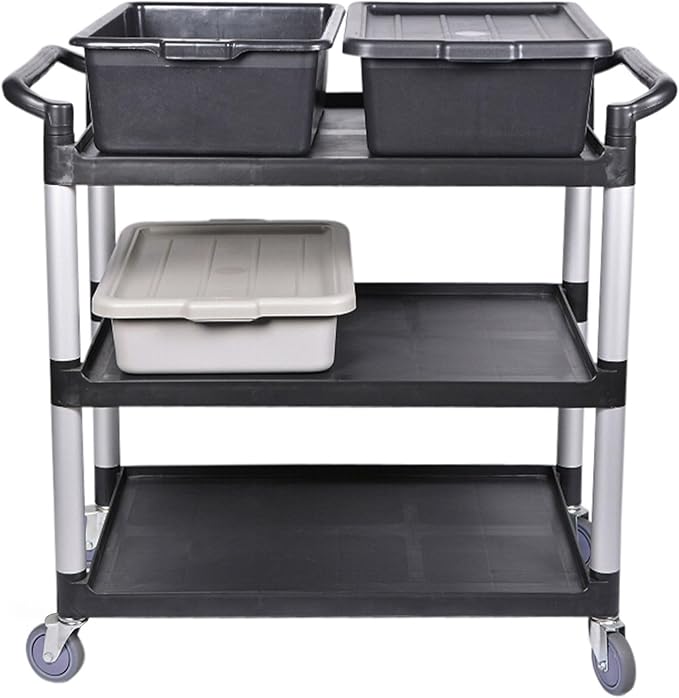Restaurantware RW Clean 40.2 x 19.7 x 37.8 Inch Utility Cart 1 Rolling Cleaning Cart - Large 4 Shelves Black Plastic Rolling Cart Heavy-Duty For Organization Or Storage