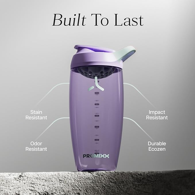 Promixx Pursuit Protein Shaker Bottle – 32oz Silent Snap-Fit Mixer for Lump-Free Shakes – Leak-Proof BPA-Free Ecozen Gym Shaker with Measurement Marks for Fitness and Travel – Lilac