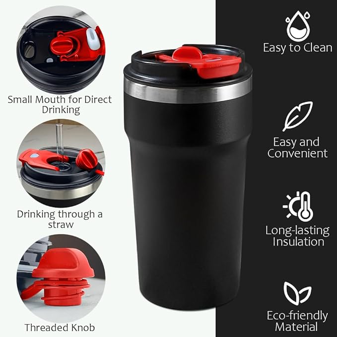 SPLMIFA Travel Coffee Mugs Leak-Proof, Reusable Coffee Cups with Lids, Stainless Steel Vacuum Insulated Coffee Tumblers, Thermal Insulation Cups for Men and Women Hot & Cold Drinks(4th-Black, 16OZ)