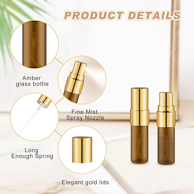 30 Pack Empty Mini Glass Spray Bottle Refillable Fine Mist Perfume Atomizer Portable Travel Sample Spray Bottles Containers For Perfume Essential Oils Cosmetics Liquid (amber bottle, 3ml)