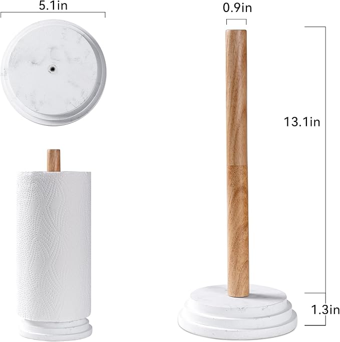 Marble White Standing Paper Towel Holder for Kitchen Countertop,Toliet Paper Roll Holder for Bathroom with Weighted Resin Base and Sturdy Wood Stand,for Standard or Plus Rolls, Height-Adjustable
