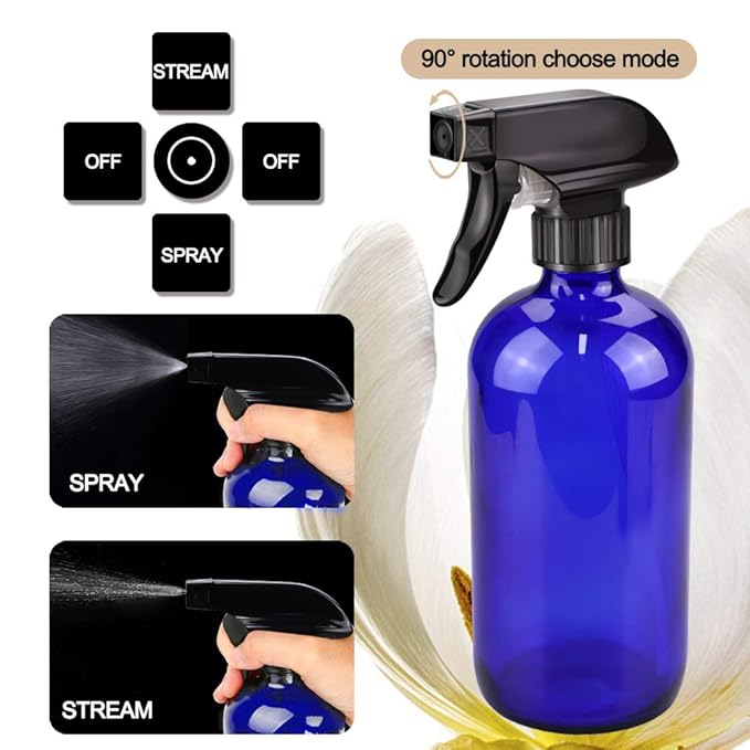 Loretoy Glass Spray Bottle Kit×10 (2×16 oz, 2×4 oz, 6×2 oz), 9×10 ml Roller Bottles, Anti UV, Multi Size and Versatile, Suitable for Aromatherapy, Facial Moisturizing, Watering, etc.(Blue