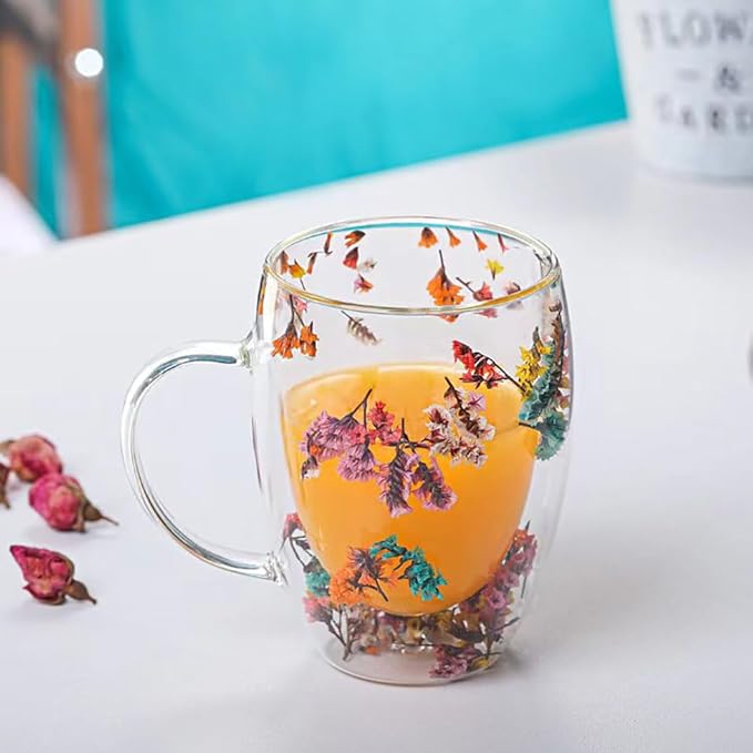 Myhiju Flower Double Wall Clear Glass Coffee Mugs Creative Clear Glass Cups with Handle Flowers Double Insulated Glass Cup for Hot Cold Beverages Cappuccino Latte, Espresso Juice Glass Coffee Cups