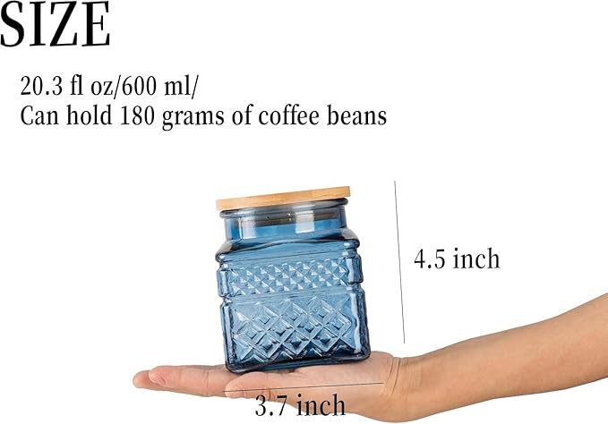 Glass Storage Canister with Airtight Lids, 20.3 FL OZ Thick Glass Candy Jar for Coffee Bean, Cocoa powder,Dog treats, Snacks Vintage Decorative Square Glass Jars for Coffee Bar Kitchen Party Counter