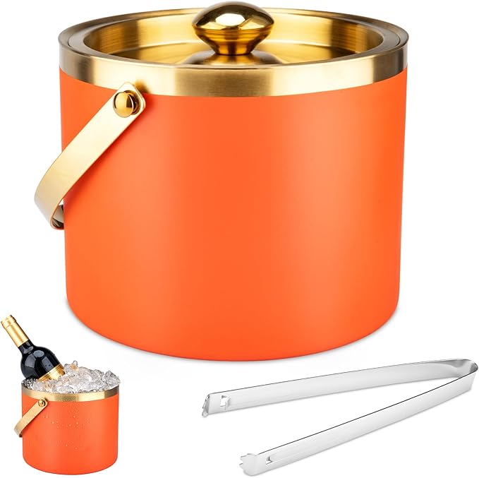 Ice Bucket, 3L Double-Wall Stainless Steel Insulated Ice Bucket With Lid and Ice-Tong, Ice-Buckets for Parties Home Bar, Chilling Beer, Champagne, Wine Bottle(Orange Gold)