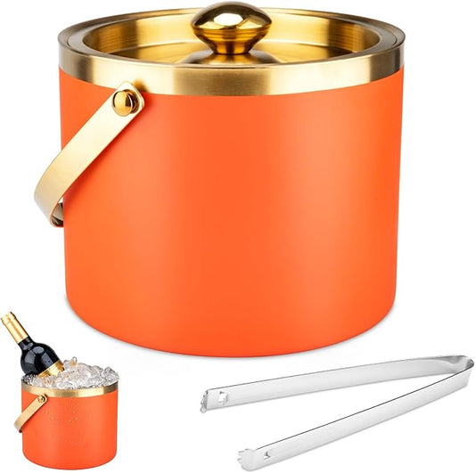 Ice Bucket, 3L Double-Wall Stainless Steel Insulated Ice Bucket With Lid and Ice-Tong, Ice-Buckets for Parties Home Bar, Chilling Beer, Champagne, Wine Bottle(Orange Gold)
