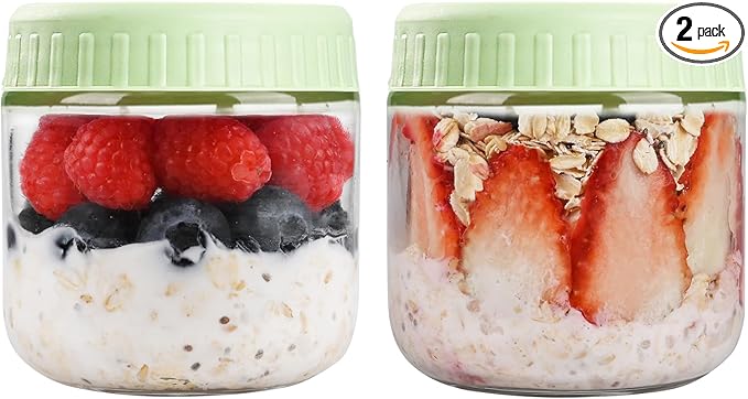 SHOWIN Overnight Oats Containers with Lids, 10oz Glass Jars with Lids 2 pcs, Light Green, Wide Mouth Mason jars for Salad, Yogurt, Snacks, Meal Prep