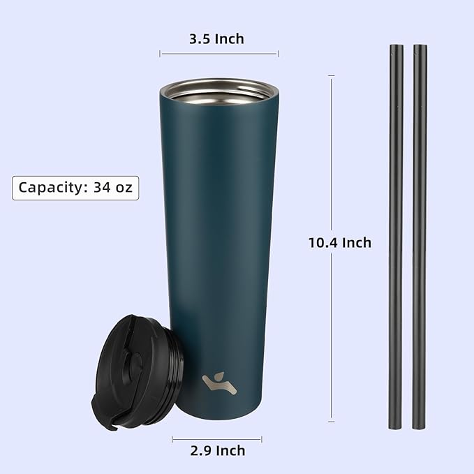 Konokyo 34 OZ Insulated Tumbler with Lid and 2 Straws Stainless Steel Water Bottle Vacuum Travel Mug Coffee Cup,Navy blue