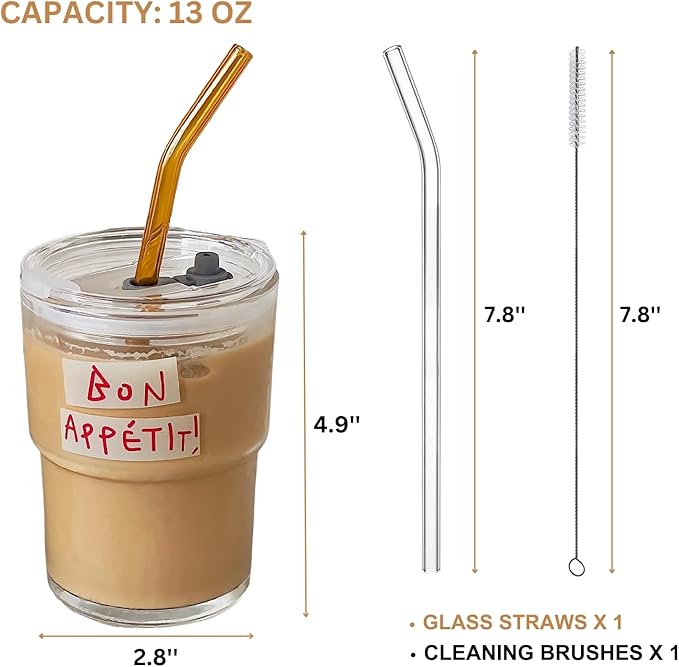 Olvini 13oz Glass Tumbler with Straw and Lid, Reusable Iced Coffee Cup Tumbler, Cute Glass Cups for Water, Matcha, Travel Coffee Mugs (Bon Appétit)