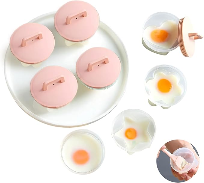 Egg Poacher Cups, 4 Pcs Poached Egg Cooker with Lid and Oil Brush Egg Coddler 4 Shapes Reusable Egg Molds, BPA Free Nonstick Egg Poaching Cups for Boiled Eggs Without Shell, Pink