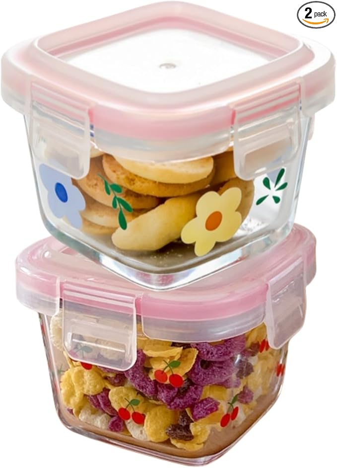 Ivymei 2 Pack Mini Square Glass Containers with lids,Small Floral Food Storage Contaiers Glass Food Jars for Food Portion,Dipping Sauce,Snack,Yogurt,Leakproof,Microwave Freezer Safe