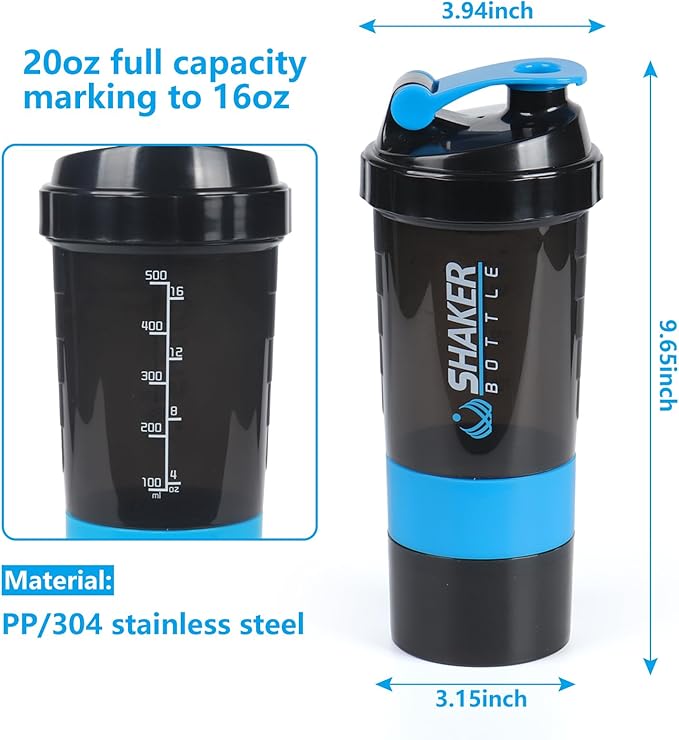 Protein Shaker Bottle,Sports Water Bottle,Leak Proof Shake Bottle For Protein Mixer,Non Slip 3 Layer Twist Off 3oz Cups with Pill Tray,Workout Shaker Bottle 16oz,Blue