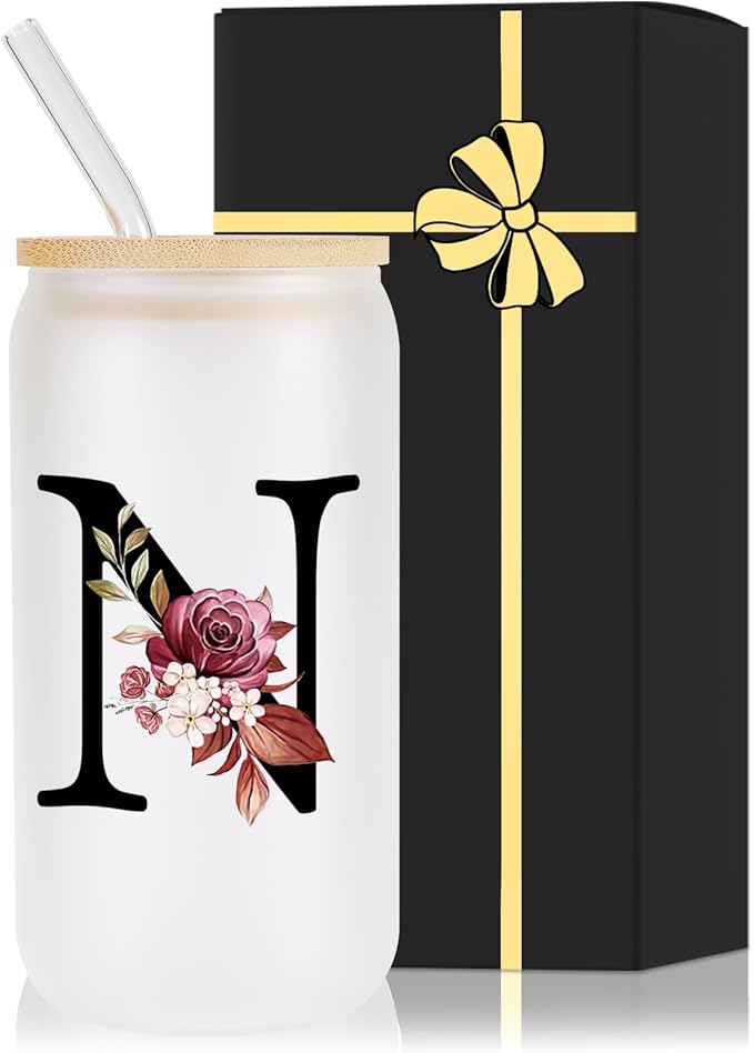 Monogrammed Glass Drinking Cup With Lid Straw Women Wife Anniversary Her 1 2 3 5 6 7 8 10 14 20 25 40 50 Year Cotton Copper Ivory Bronze Leather Iron Paper First 5th 6th 10th 25th 40th 50th 60 Gifts,N