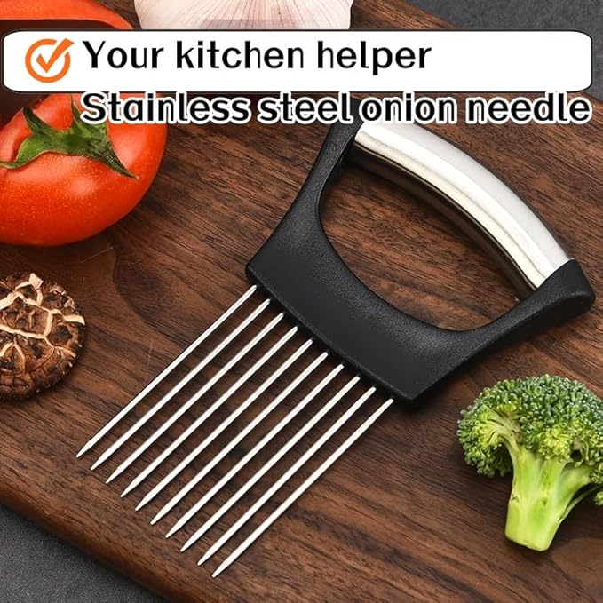 2026 Upgraded Stainless Steel Onion Holder for Slicing, Lemon Slicer Vegetable Cutter, Kitchen Gadgets Chopper Slicing Assistant Tool for Meat, Onion, Potato, Tomato, Black JeQucis, 1 Pcs