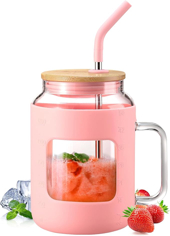 WINSA 50 oz Glass Water Bottles with Silicone Sleeve,Glass Tumbler with Lid and Straw,Iced Coffee Cup with Handle,BPA Free-Pink