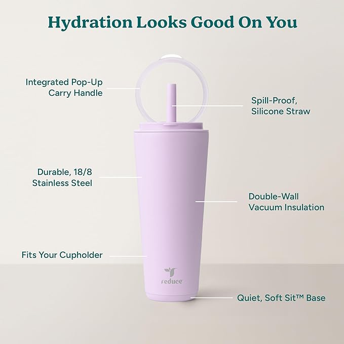 REDUCE Halo 32 oz Stainless Steel Vacuum Insulated Tumbler - Spill Proof Travel Mug with Flip Handle Lid - Keeps Drinks Cold for 32 Hrs - Dishwasher Safe - Cupholder Friendly - Lilac Bud