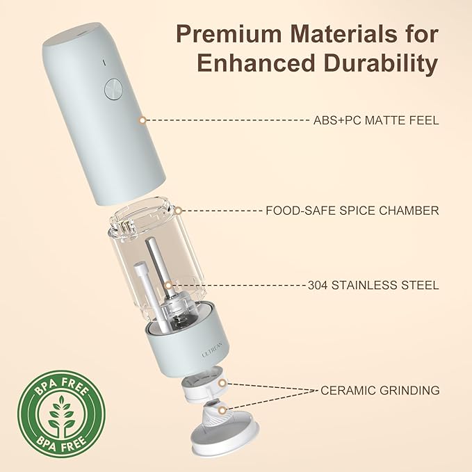Ultrean Pepper Grinder, Rechargeable Salt and Pepper Grinder with 6 Adjustable Coarseness, LED Light, One-Hand Automatic Operation, Gifts for Women, Blue