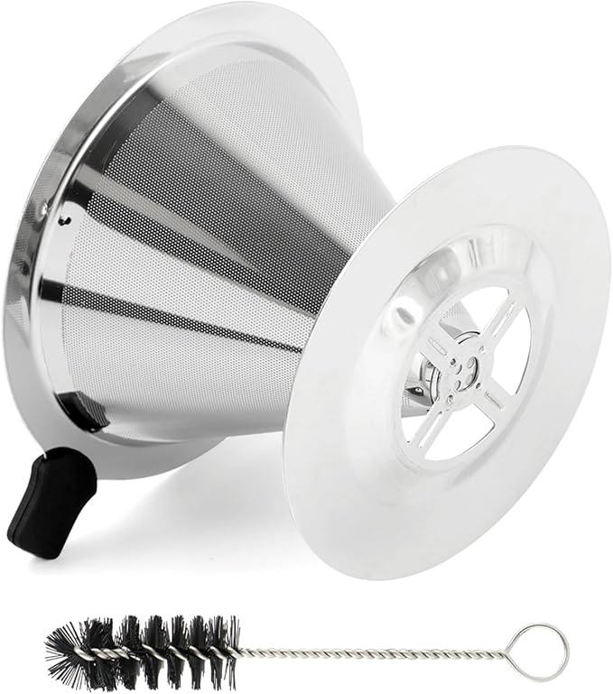 Pour Over Coffee Dripper, Stainless Steel Cone Coffee Filter with Base, Dual-Layer Fine Mesh Coffe Filter, Paperless Reusable Cone Coffee' Maker Dripper with Cleaning Brush(SIZE:S)