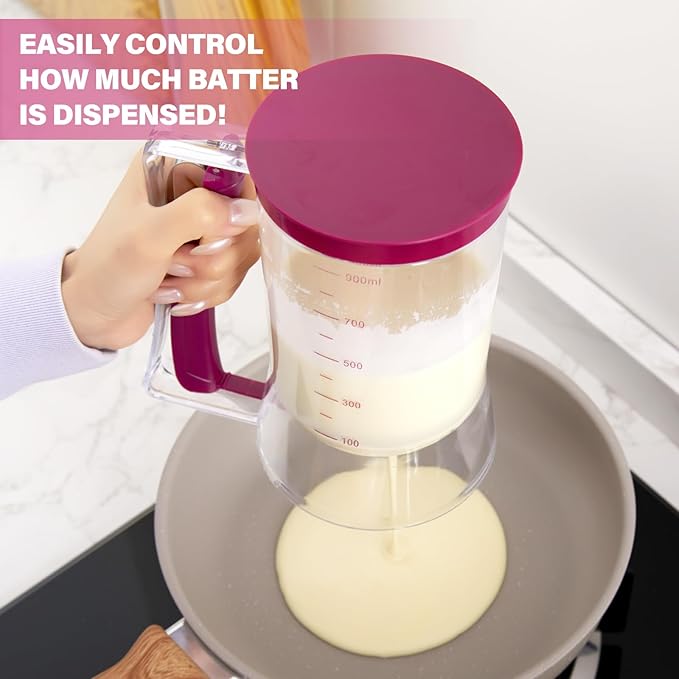 Pancake Batter Dispenser - Essential Kitchen Tool for Flawless Pancakes, Cupcakes, Waffles, Funnel Cake, Muffins, Crepes - Effortless Pour - Convenient Pancake Maker with Measuring Label - 900ml