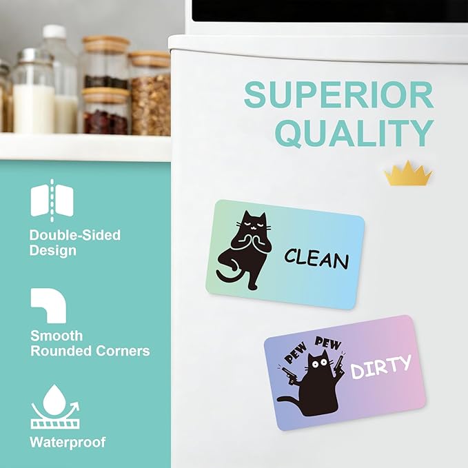 Funny Black Cat Clean Dirty Dishwasher Magnet - Cute Refrigerator Kitchen Magnet, Non-Scratch Strong Double Sided Washing Machine Sign, Housewarming Gifts for Cat Lovers, Home Apartment Essentials (Macron Color)