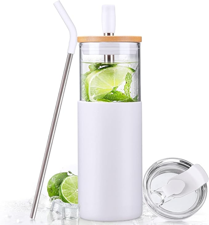 Kodrine 24oz Glass Tumbler with Lids and Straws|Bamboo & On the go Lid|Reusable Ice Coffee Cup with Silicone Sleeve, Glass Coffee Tumbler for Smoothie/Matcha, Dishwasher & BPA Free-White