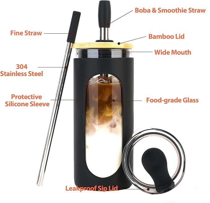 Sursip 20 oz Glass Tumbler with Lids and Straws, Reusable Borosilicate Glass Iced Coffee Cup with Bamboo Lid for Smoothie Boba Juice,Travel BPA-Free - Light Blue