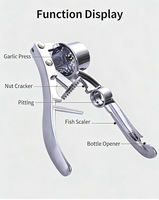 Multifunctional Garlic Press, 3-in-1 Kitchen Tool, Aluminium Alloy, Garlic Crusher with Walnut Cracker and Bottle Opener