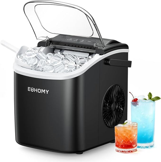 EUHOMY Countertop Ice Maker Machine with Handle, 26lbs Per Day, 9 Bullet Cubes in 6 Mins, Self-Cleaning Portable Ice Maker with Basket and Scoop, for Home/Kitchen/Camping/RV (Black)