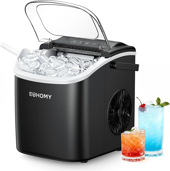 EUHOMY Countertop Ice Maker Machine with Handle, 26.5lbs Per Day, 9 Ice Cubes Ready in 6 Mins, Auto-Cleaning Portable Ice Maker with Basket and Scoop, for Home/Kitchen/Camping/RV (Black)