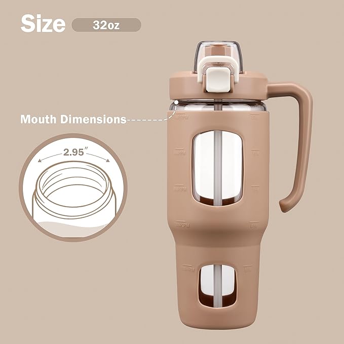32oz Glass Tumbler with Straw Handle and 2-IN-1 Sip & Spout Lid, Reusable Iced Coffee Cup for Smoothie, Matcha, Leakproof Glass Water Bottle with Straw and Silicone Sleeve, BPA Free-Amber