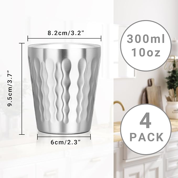 Stainless Cups, 10 oz Insulated Tumbler, 4 Pack Double Wall Unbreakable Stackable Water Tumblers Insulated Metal Cup Premium Drinking Glasses for Travel Camping Home Outdoor