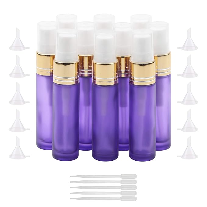 Ellbest 10ml Small Spray Bottles Empty Mist Spray Glass Bottle Mini Perfume Vilas Atomizer Travel Glass Containers for Cosmetics Sample, Cleaning (10 Matte Purple Bottles &5 Droppers &10 Funnels)