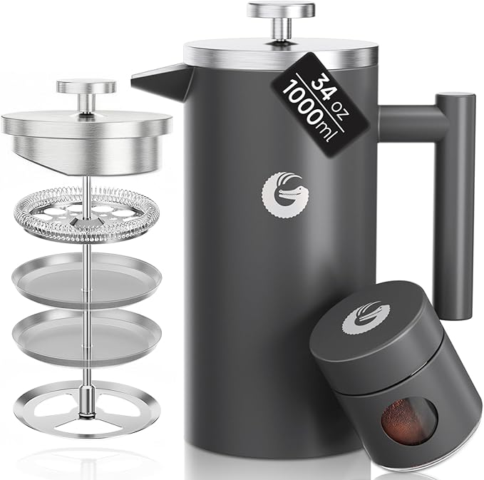 Coffee Gator 304 Grade Stainless Steel French Press Coffee Maker 34 oz, Double Wall Insulated Hot Cold Brew Teapot with 4-Level Filtration System, Include Travel Jar Canister, Kitchen, Gray