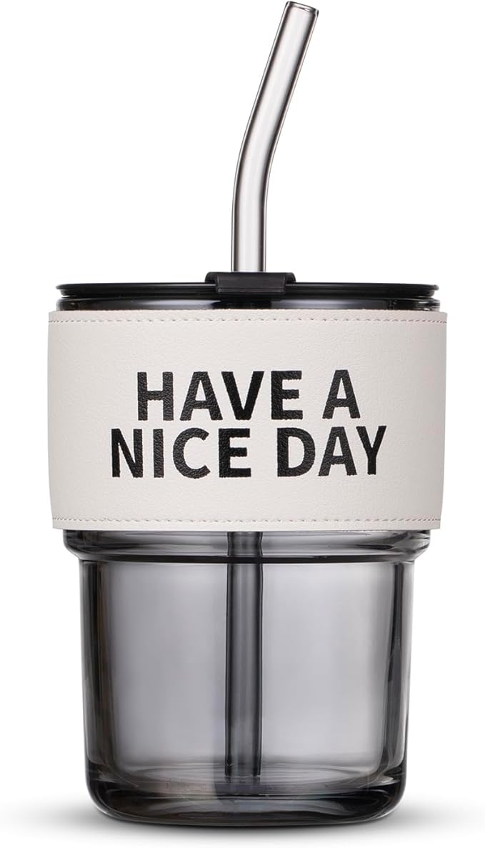 BLUEPOLAR 13oz/400ml Glass Water Tumbler with Straw and Lid Sealed Carry on Thick Wall Iced Coffee Cup for Water, Iced Tea, Fruit Juice (Have a Nice Day)