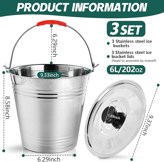 OBTANIM 3 Pack 6L Stainless Steel Metal Ice Buckets Champagne Drink Cooler Storage Ice Pails with Handle and Lid for Party Favors Organizing Home Parties Bar Cooling Supplies