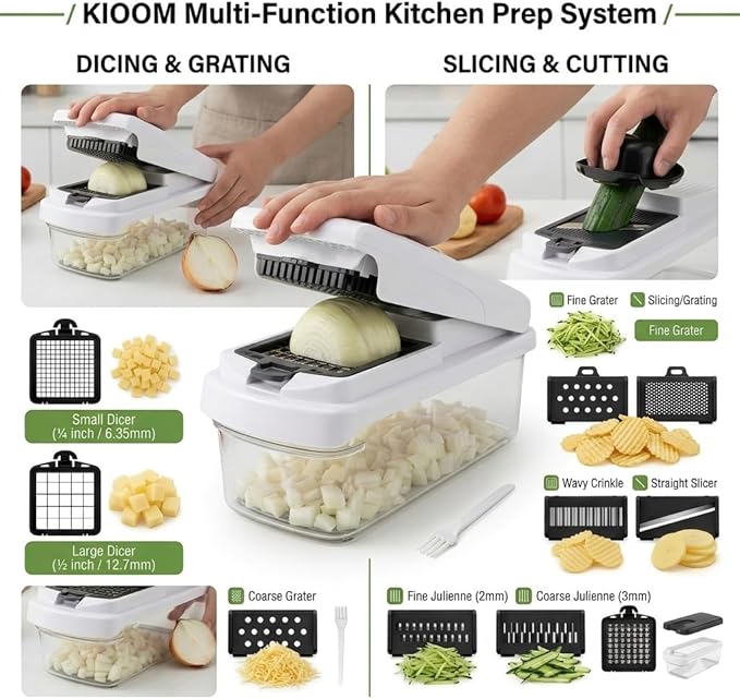 Vegetable Chopper with Container – 15 in 1 Onion Chopper Dicer & Vegetable Dicer – Manual Veggie Slicer, Mandoline Slicer, Potato Cutter & Food Chopper for Kitchen