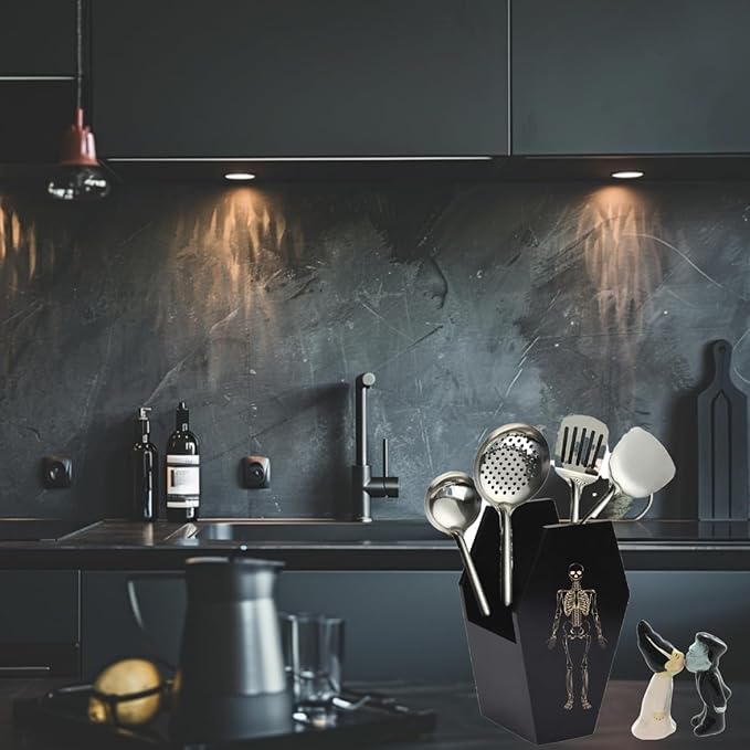 Halloween Gothic Kitchen Decor - Goth Coffin Utensil Holder (Utensils Not Included), Dual-Sided Laser-Etched Skeleton, Solid Wood Large Capacity for Spooky Bats Spoons Skull Spatulas
