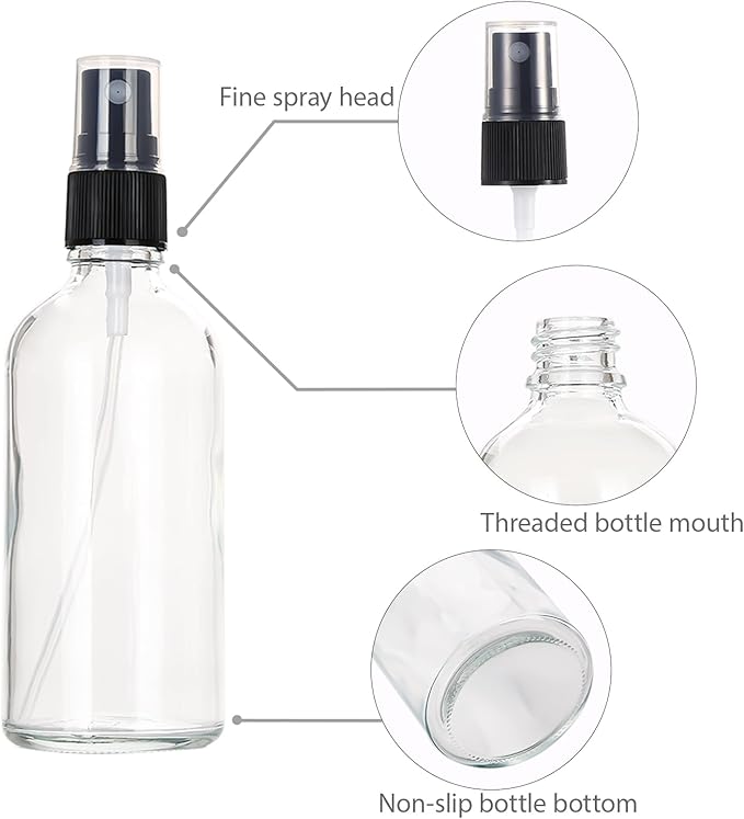 3.4 oz Glass Spray Bottles,Empty Fine Mist Refillable Travel Spray Bottle for Cleaning,Perfume,Aromatherapy,Cosmetic Sprays,Hair,Essential Oils with Fine Mist Dispenser（6 Pack）