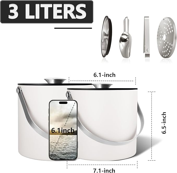 Bakpoco Insulated Ice Bucket with Silicone Lid, Scoop, Tongs & Strainer, 3L Stainless Steel Double Wall Ice Buckets for Parties & Cocktail Bar, Champagne Ice Bucket with Lid for Freezer, Ivory