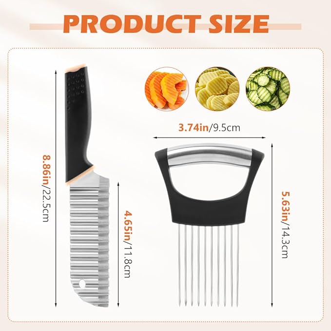 Crinkle Cutter Knife, Rubber Handle Stainless Steel Fries Cutter Slicer with Onion Holder, Vegetable Salad Chopping Knife Home Kitchen Wavy Blade Cutting Tool(Black)