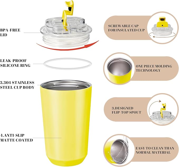 Puraville Insulated Tumblers with Lid, 14 oz Travel Coffee Mug Stainless Steel Vacuum Cup, Leak Proof Reusable Double Walled Coffee Tumbler for Iced and Hot Drinks, Yellow