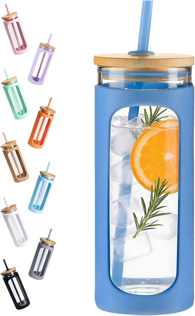 Kodrine 20oz Glass Tumbler with Straw and Lid, Iced Coffee Cups with Bamboo Lids, Glass Cups for Cold Drinks, Smoothie Cup with Silicone Sleeve for Travel, Work, BPA FREE-DodgerBlue