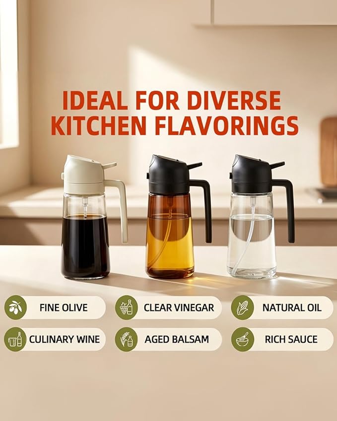 16oz/470ml Oil Sprayer for Cooking, 2 in 1 Oil Dispenser for Kitchen, Olive Oil Sprayer, Food Grade Glass Bottle for Kitchen Gadgets, Air Fryer Accessories, Salad, BBQ (White)