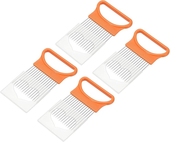 uxcell 4 Pcs Onion Slicer Holder, 4.3 x 3.1 Inch Stainless Steel Vegetable Cutting Holder Food Cutter Tool for Slicing Storing Onions Tomatoes Potatoes Avocados Apples, Orange